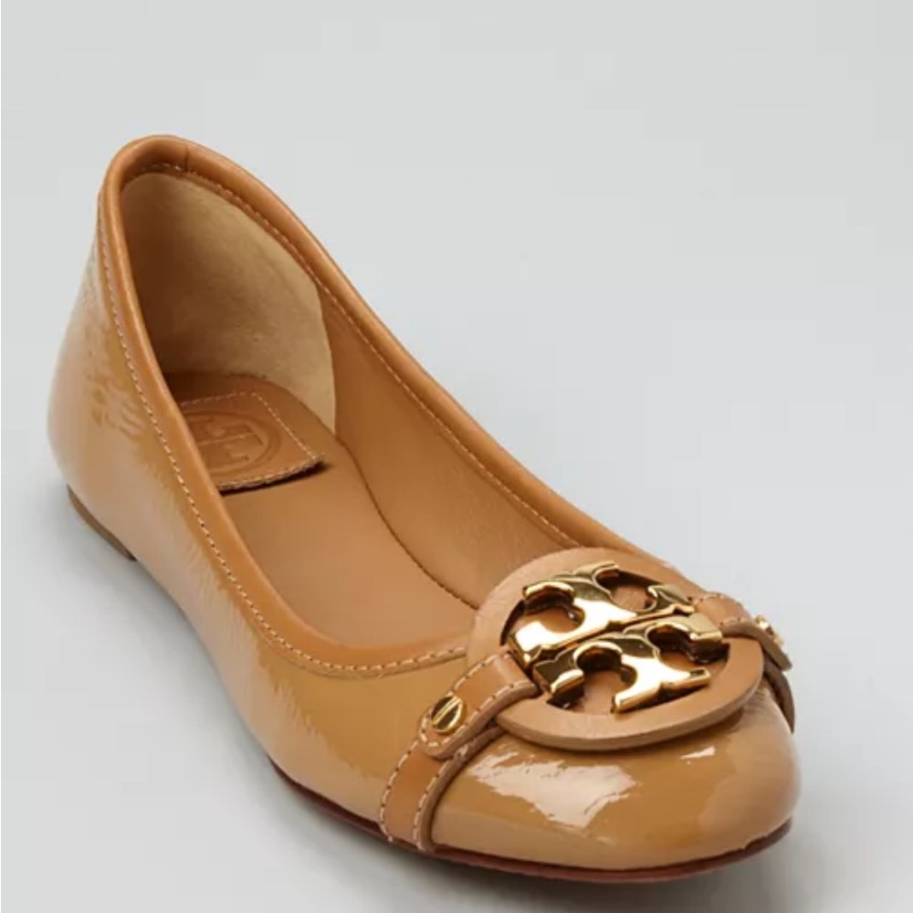 Tory Burch Camel Flats with Gold Emblem